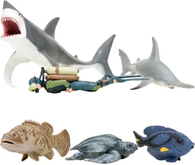 Фигурки игрушки серии “Мир морских животных“: Акула, рыба-хирург, кожистая черепаха, акула, рыба гру