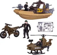 Боевая сила. Набор военной техники: патрульный катер, вертолет, мотоцикл, 3 фигурки солдата