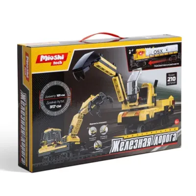 Конструктор Mioshi Tech “Железная дорога: Экскаватор с ковшом“ (210+ дет., диаметр ж/д 101 см, свет,