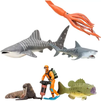 Фигурки игрушки серии “Мир морских животных“: Китовая акула, акула, морж, кальмар, окунь, дайвер (на