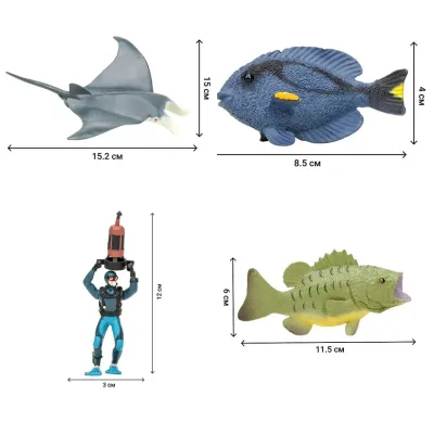 Фигурки игрушки серии “Мир морских животных“: Манта, морж, кожистая черепаха, рыбка-хирург, дельфин,